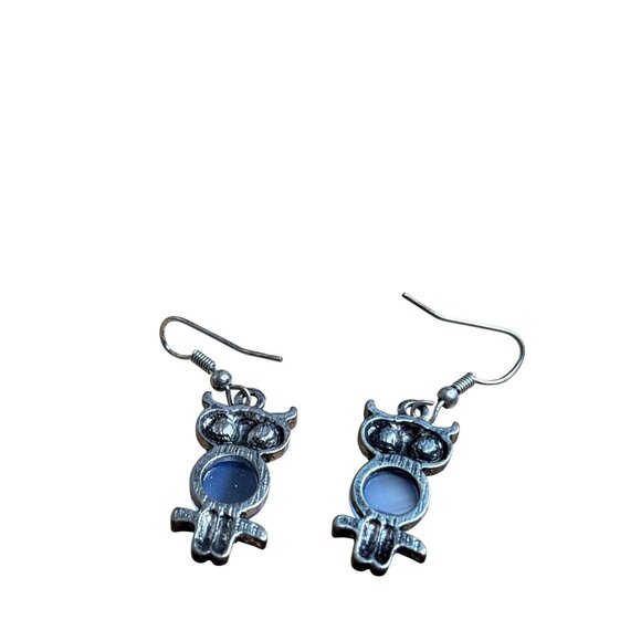 Silvertone Owl Dangle Earrings Blue Cat's Eye Rhinestone Eyes 1 inch - Picture 2 of 3